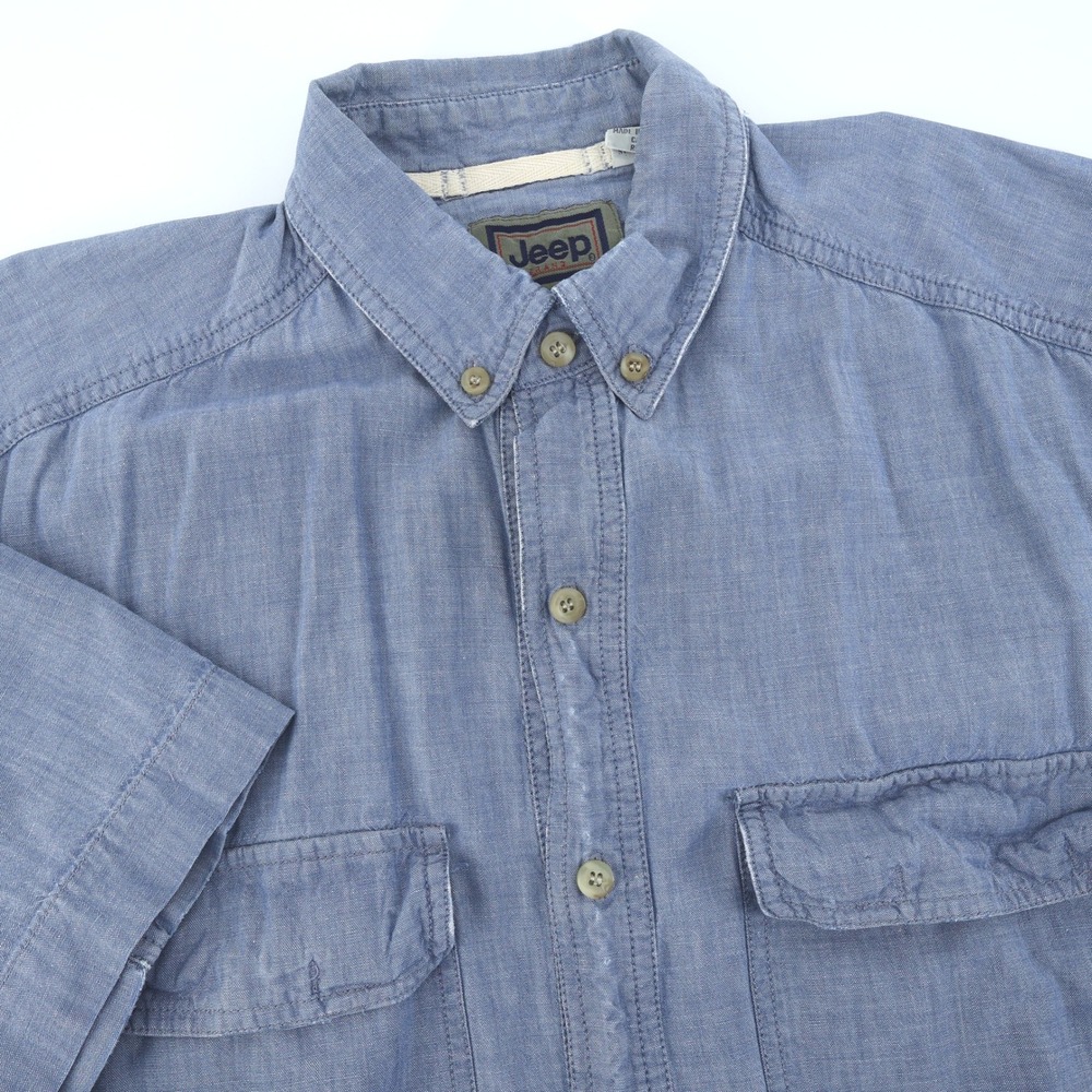 Jeep Button Down Shirt Mens L Blue Short‎ Sleeve Work Denim Look - Minor Flaws
